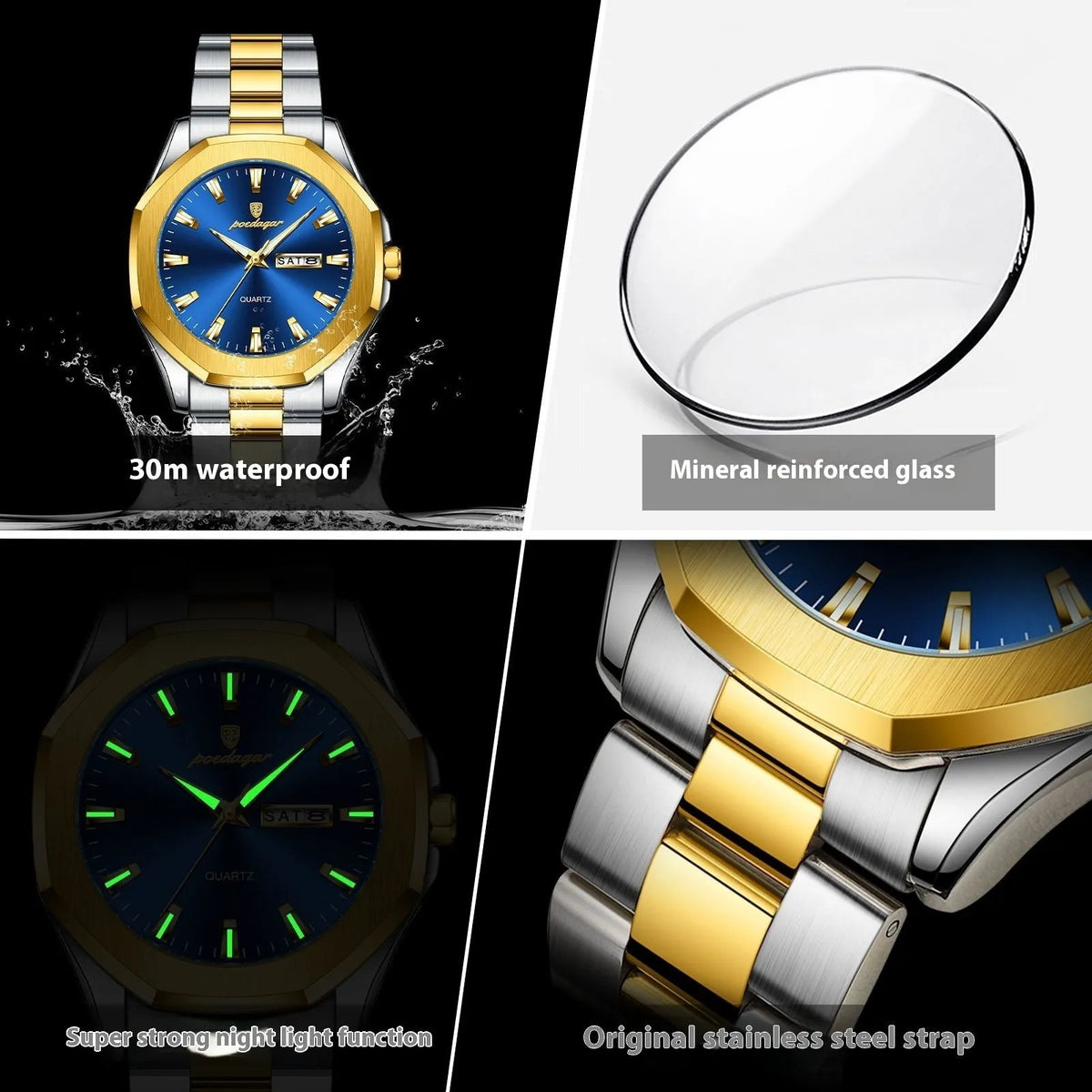 Men's steel strap quartz business watch with 9mm thickness in multiple colour options