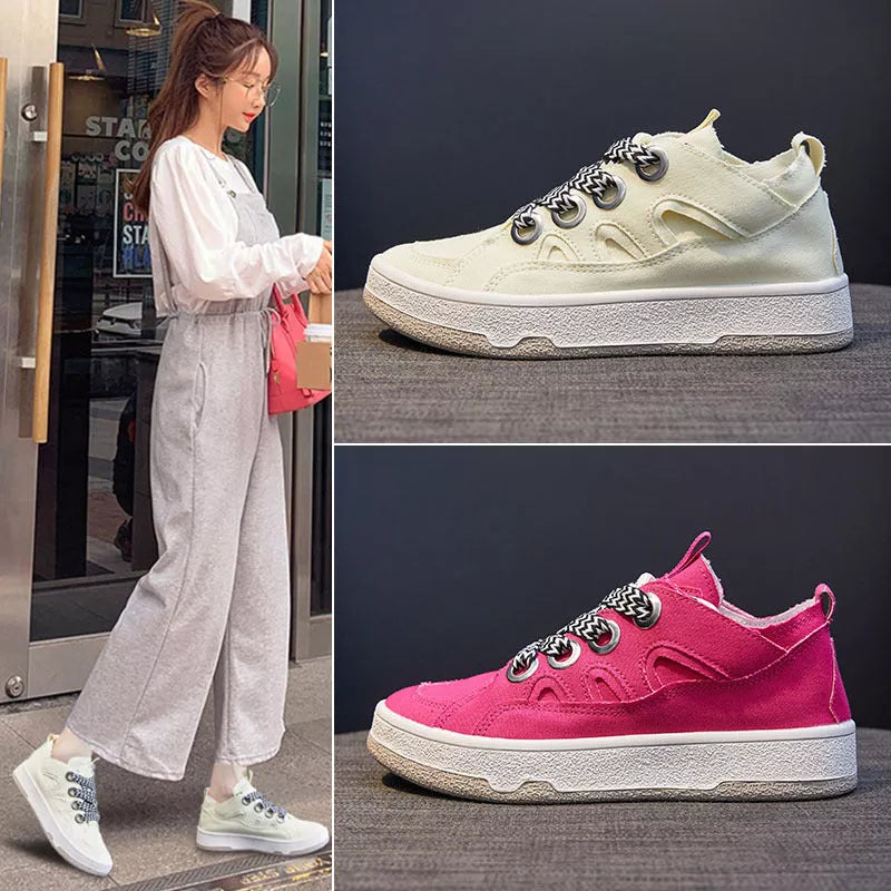 Women's canvas platform shoes in green, beige, and pink with breathable design and rubber sole