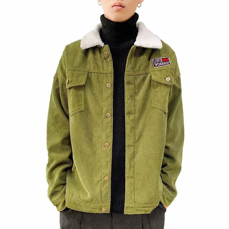 Men's loose fit corduroy work jacket in khaki on a hanger.
