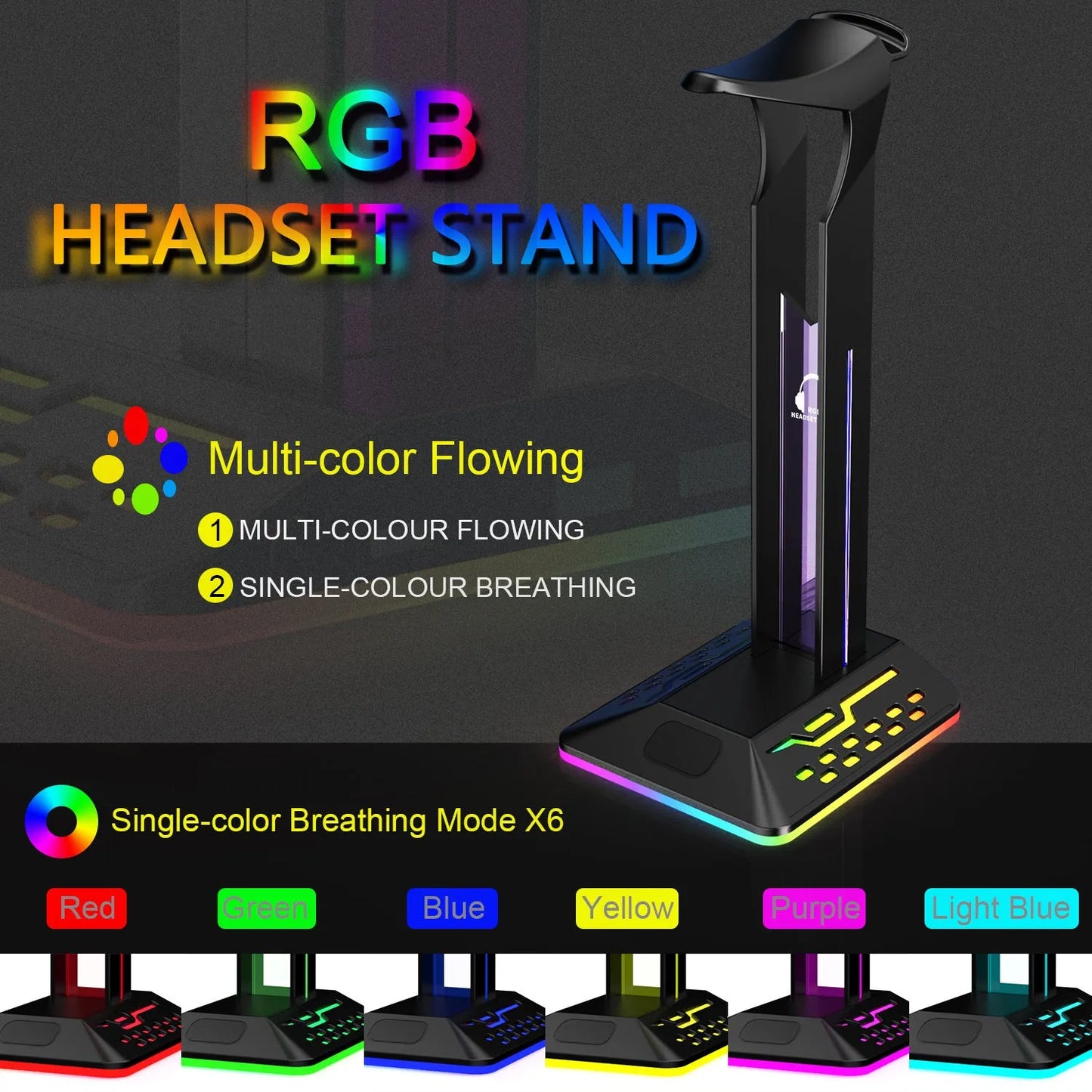 RGB headphone bracket with dual USB ports and colour changing LED lighting on acrylic stand