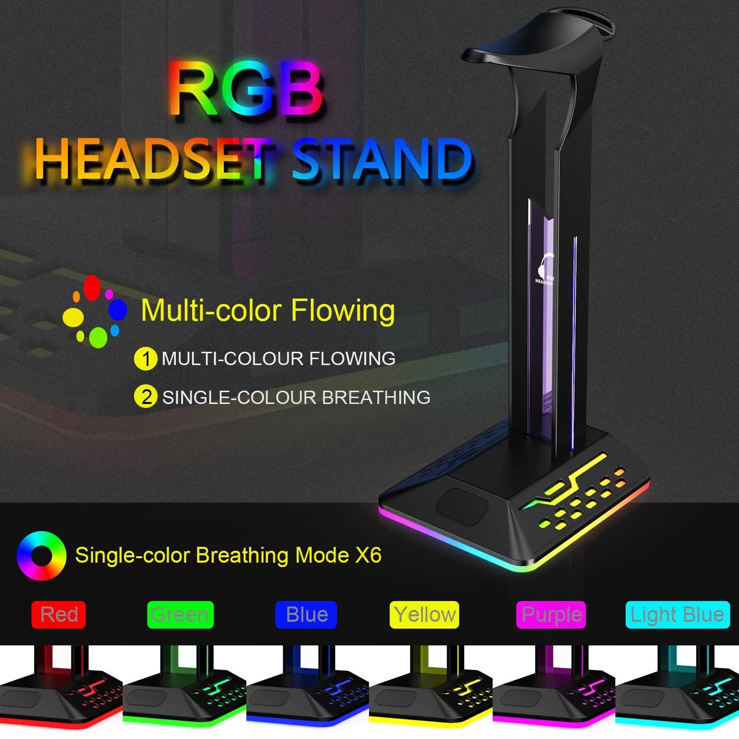 RGB headphone bracket with dual USB ports and colour changing LED lighting on acrylic stand