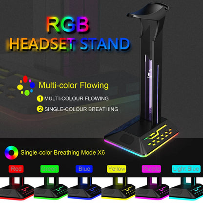 RGB headphone bracket with dual USB ports and colour changing LED lighting on acrylic stand