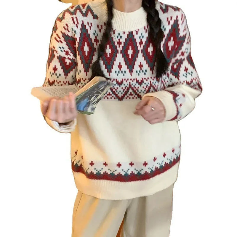 Striped long-sleeve pullover top in red or white, loose retro idle style, free size fit