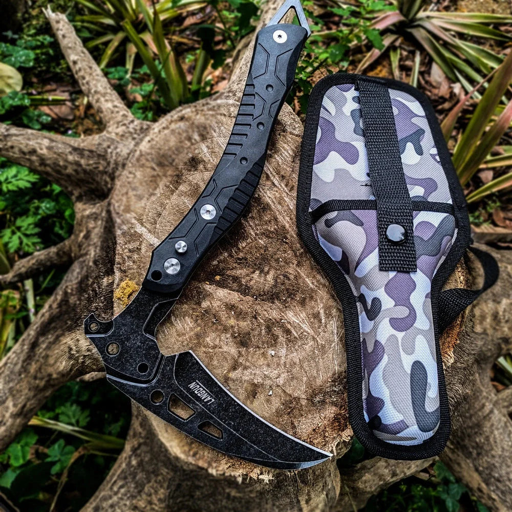 Folding outdoor axe with tool steel blade in army green, showing 35cm extended and 26cm folded positions with nylon sheath