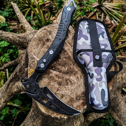 Folding outdoor axe with tool steel blade in army green, showing 35cm extended and 26cm folded positions with nylon sheath