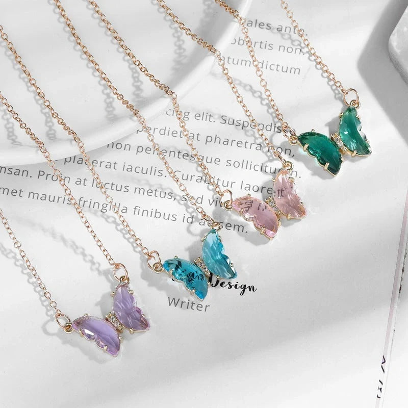 Korean style crystal butterfly necklace with water wave chain in blue, purple, light blue, and pink