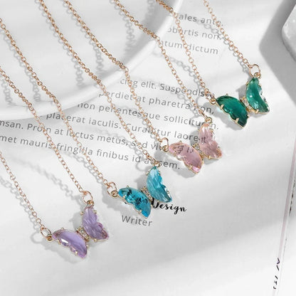 Korean style crystal butterfly necklace with water wave chain in blue, purple, light blue, and pink