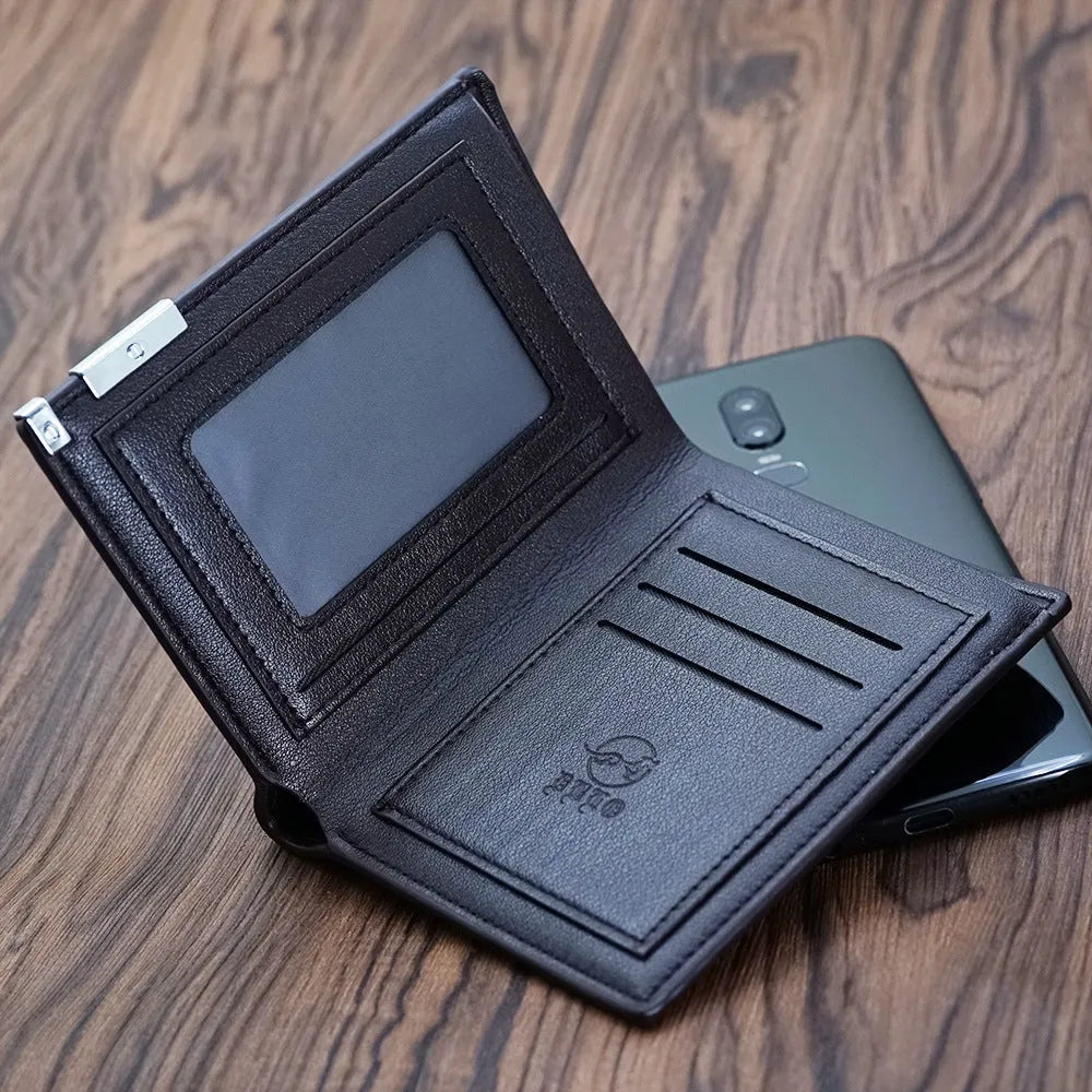 Men's brown leather wallet with a zip closure, presented in individual packaging.