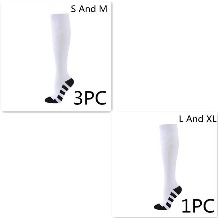 Athletic compression socks with three-bar design in black, pink, and white
