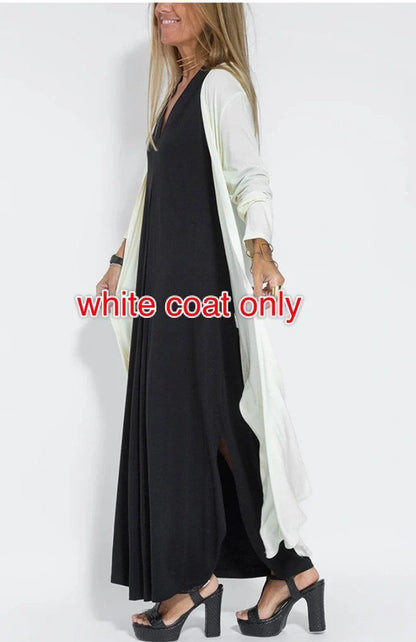 Women's V-neck sleeveless dress and long cardigan jacket set in solid colors