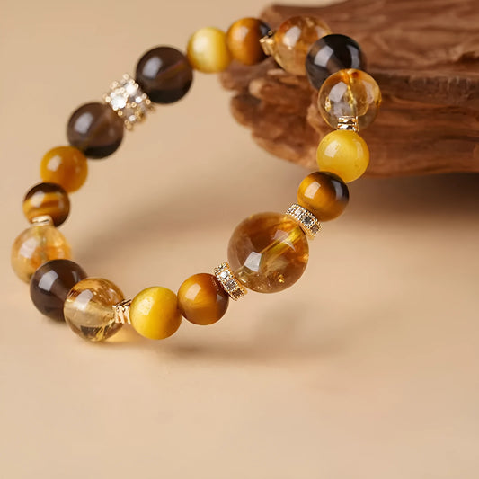 Natural tiger-eye crystal bracelet with yellow tower pattern in geometric design