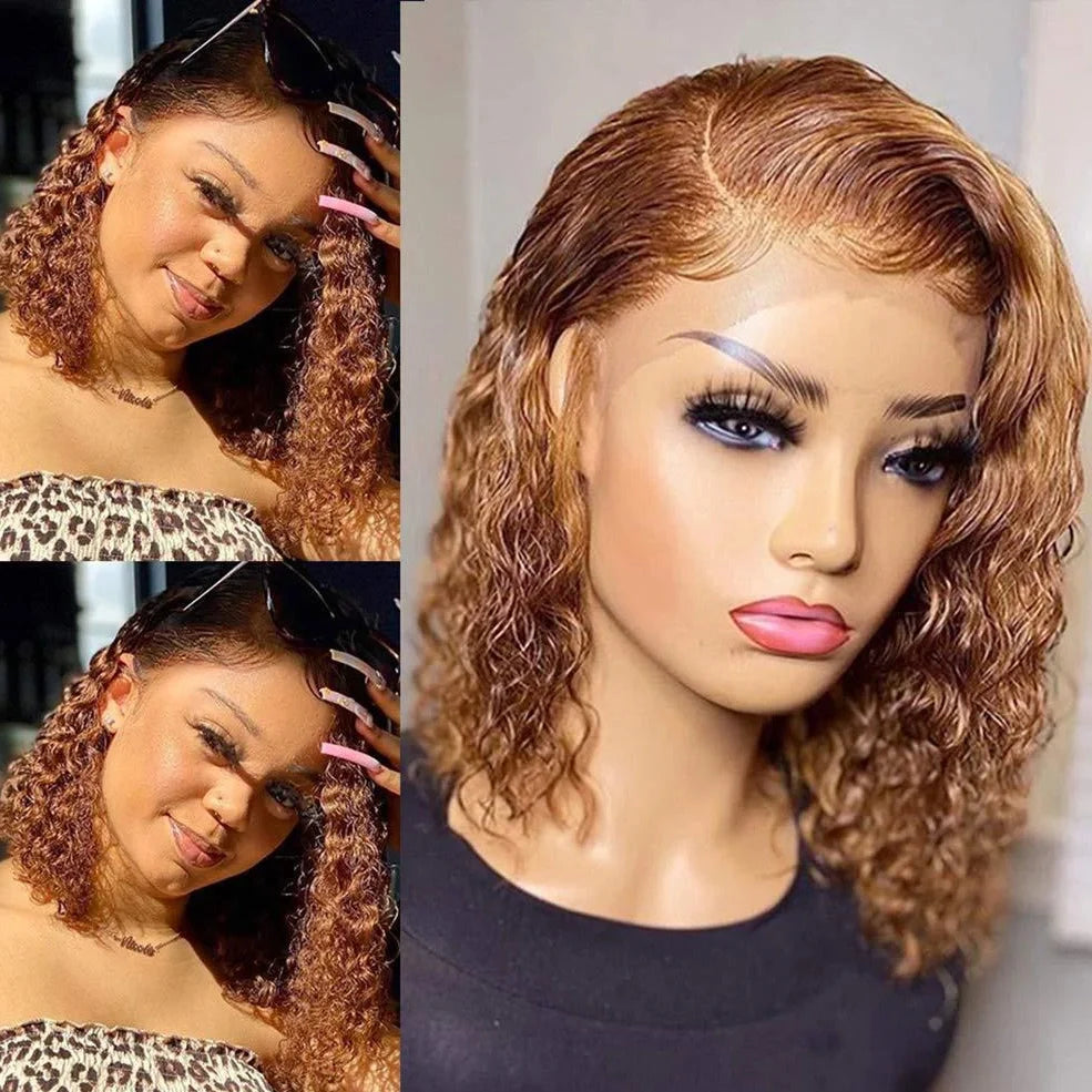Short curly honey blonde bob wig with 13x4 lace front, light brown human hair, long bangs