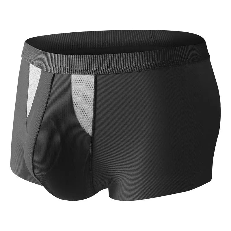 Man wearing black ice silk double-layer underwear shorts with a hole bag design for dry wet separation.