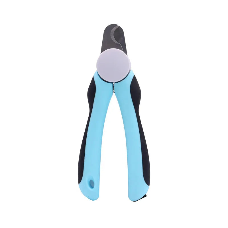 Blue heavy-duty dog nail clippers with safety guard on a white background, showing ergonomic handles.