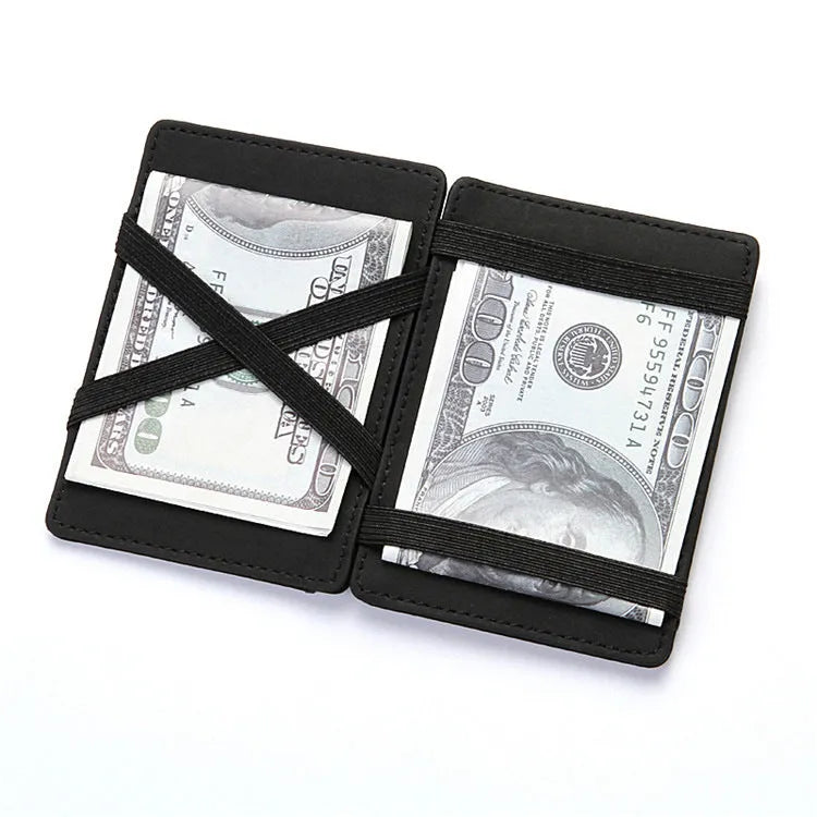 Magic Wallet flip card holder with zipper coin purse compartment made from PU leather, available in black, blue, brown, light grey, and purple solid colours with sewing line detailing for everyday anti-theft use by men and women