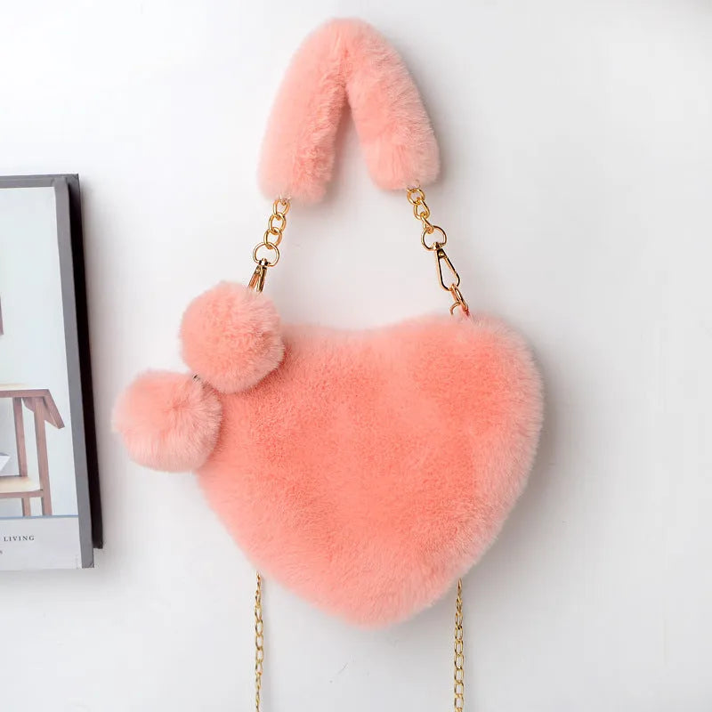 Women's soft plush heart-shaped handbag with shoulder strap in multiple solid colours