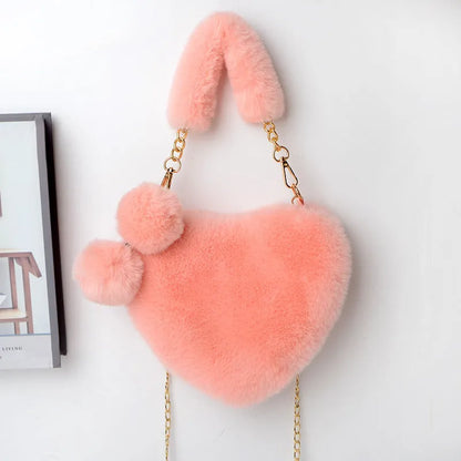 Women's soft plush heart-shaped handbag with shoulder strap in multiple solid colours