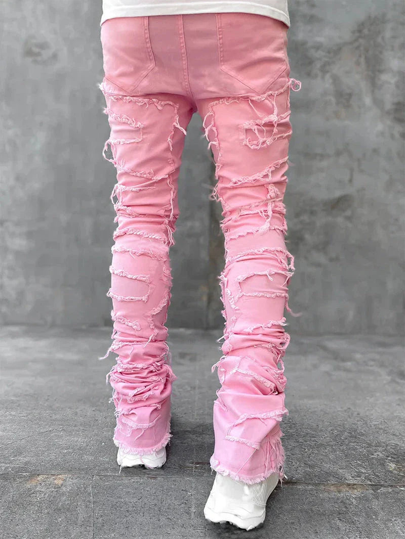 Stylish patched men's jeans with tight, stacked fit and variety of vibrant color options