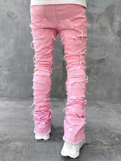 Stylish patched men's jeans with tight, stacked fit and variety of vibrant color options
