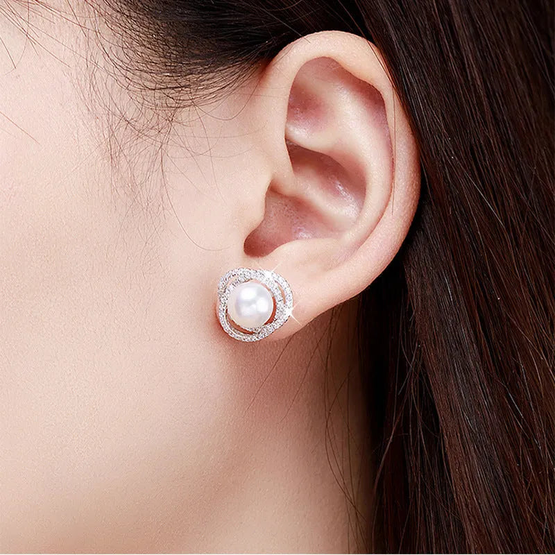 Rose pearl stud earrings with silver needle, rhinestone inlay, copper geometric circle design, white or yellow gold colour.