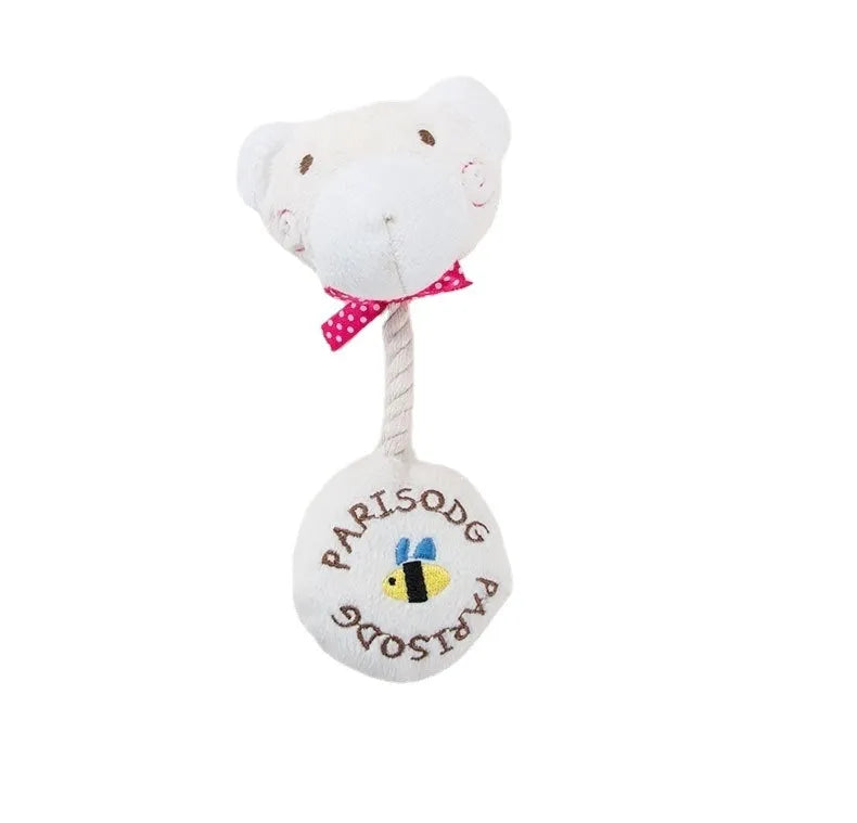 Plush dog toy with rope and sound in frog, elephant, cow, or bear designs