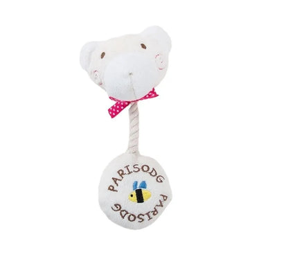 Plush dog toy with rope and sound in frog, elephant, cow, or bear designs