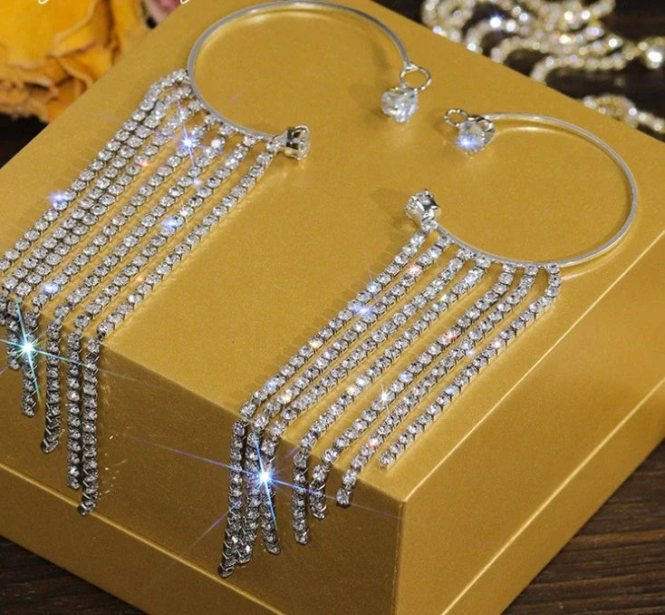 Fashionable gold and silver tassel earrings with a geometric design and luxurious 14K real gold plating