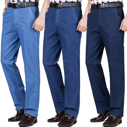Men's high waist loose fit blue jeans on a hanger showing zip fly and casual style.