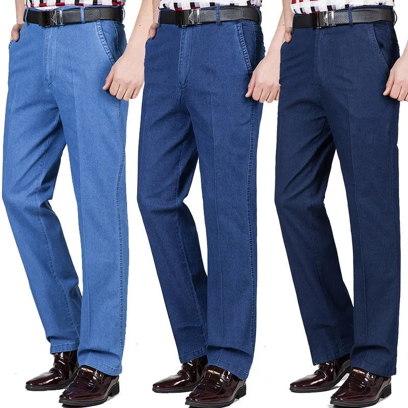 Men's Jeans High Waist Loose Casual Denim Trousers in Cotton, available in thin and thick section denim in light, medium and dark blue shades across sizes 29 to 43 with a zip fly closure for year-round casual wear