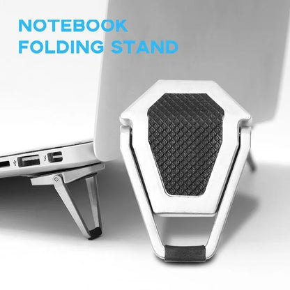 Folded aluminium laptop bracket showing compact 4.8cm size with 3M adhesive tabs