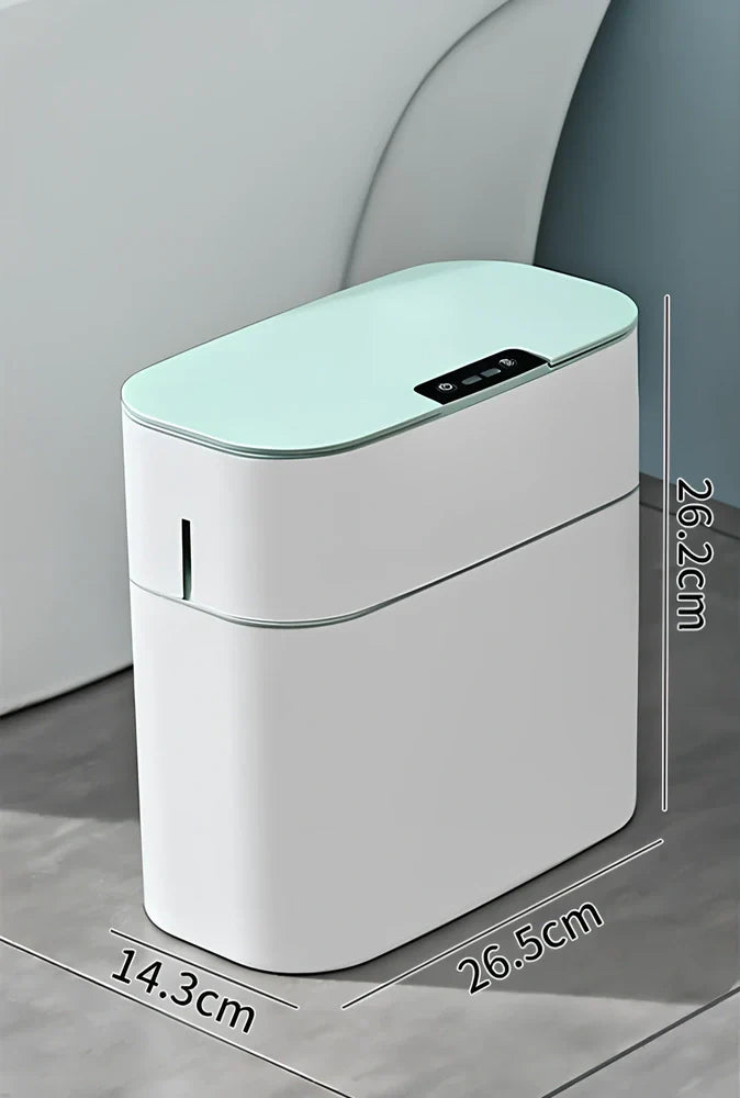 Automatic electric trash bin with infrared sensor opening, available in azure blue, white, and four other colours