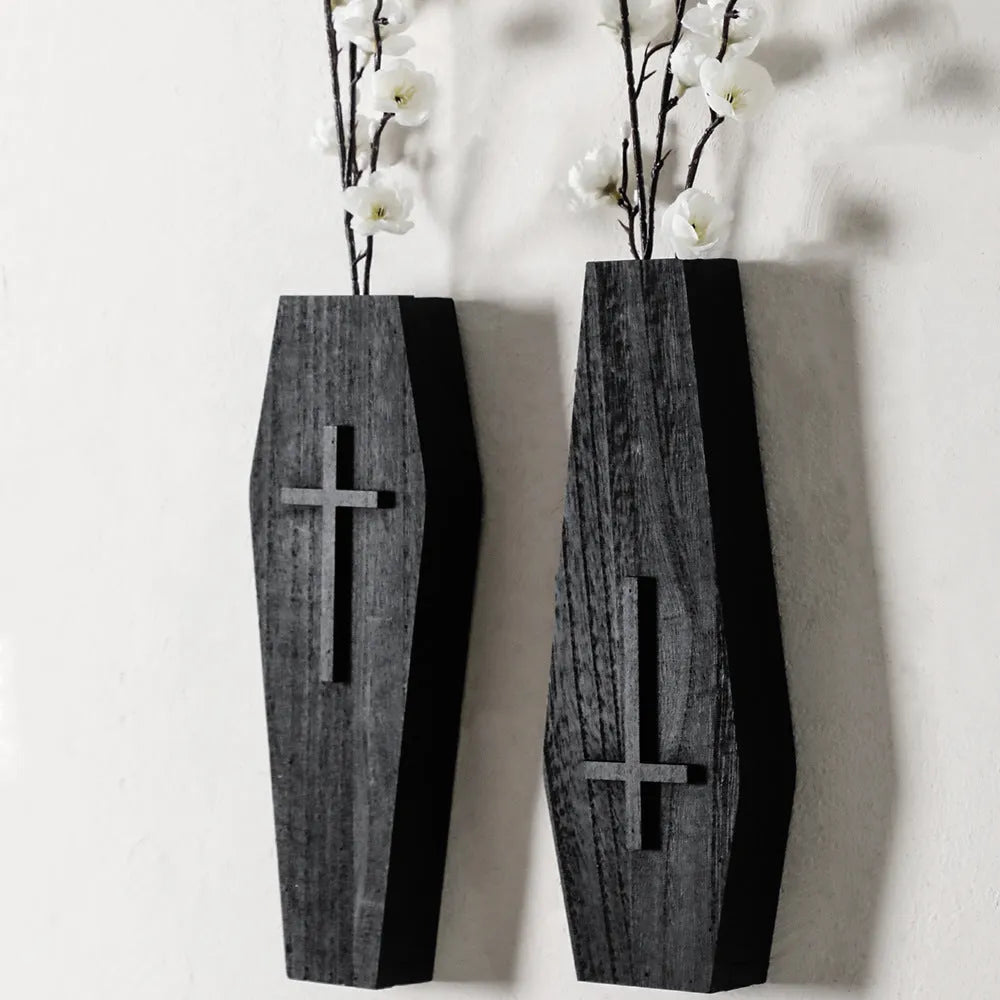 Black wooden cross wall shelf for vases measuring 27x9cm
