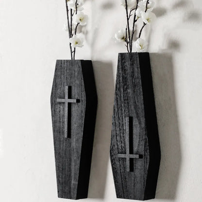 Black wooden cross wall shelf for vases measuring 27x9cm