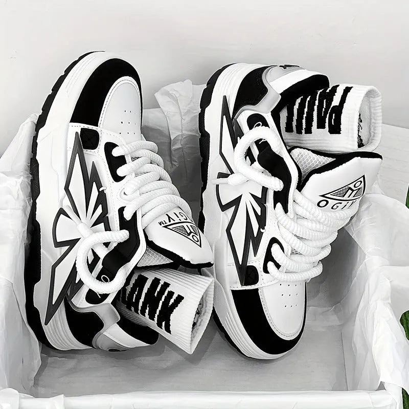 Men's white clunky sneakers with cartoon totem patterns, low-top design, and rubber soles for casual leisure wear