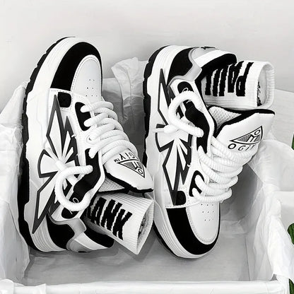 Men's white clunky sneakers with cartoon totem patterns, low-top design, and rubber soles for casual leisure wear