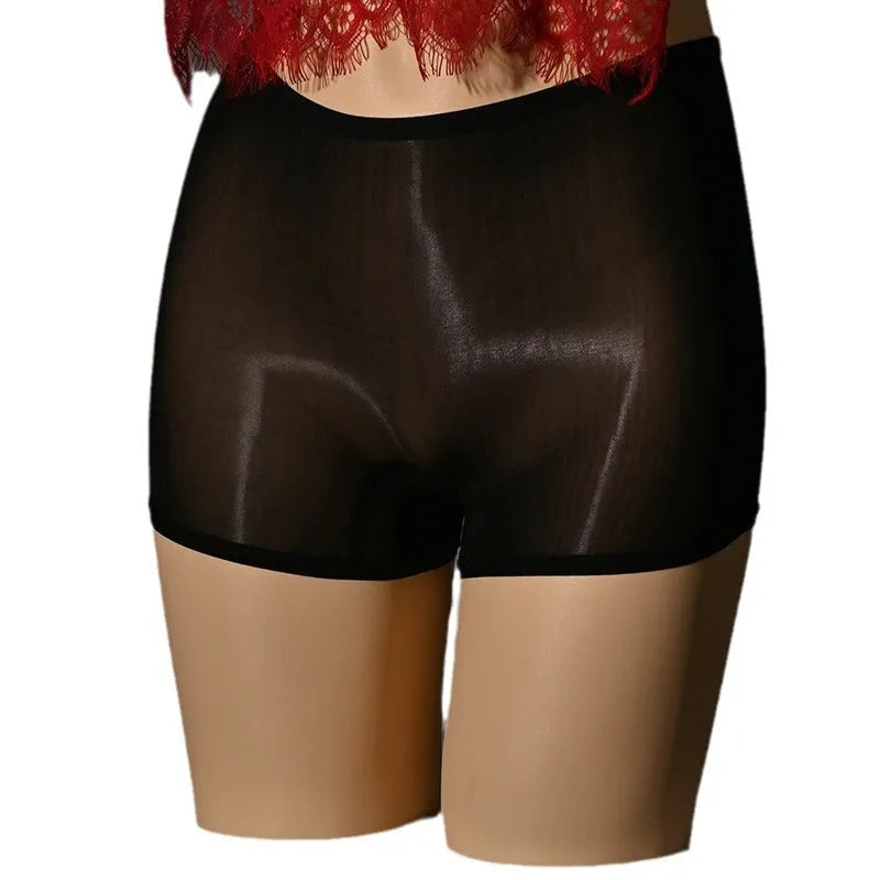 Shiny men's nylon underwear stockings in red, black, grey, white, fair skin, natural skin, and brown colours on a mid waist.