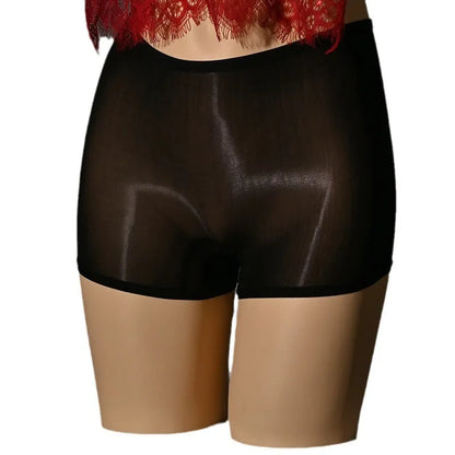 Shiny men's nylon underwear stockings in red, black, grey, white, fair skin, natural skin, and brown colours on a mid waist.