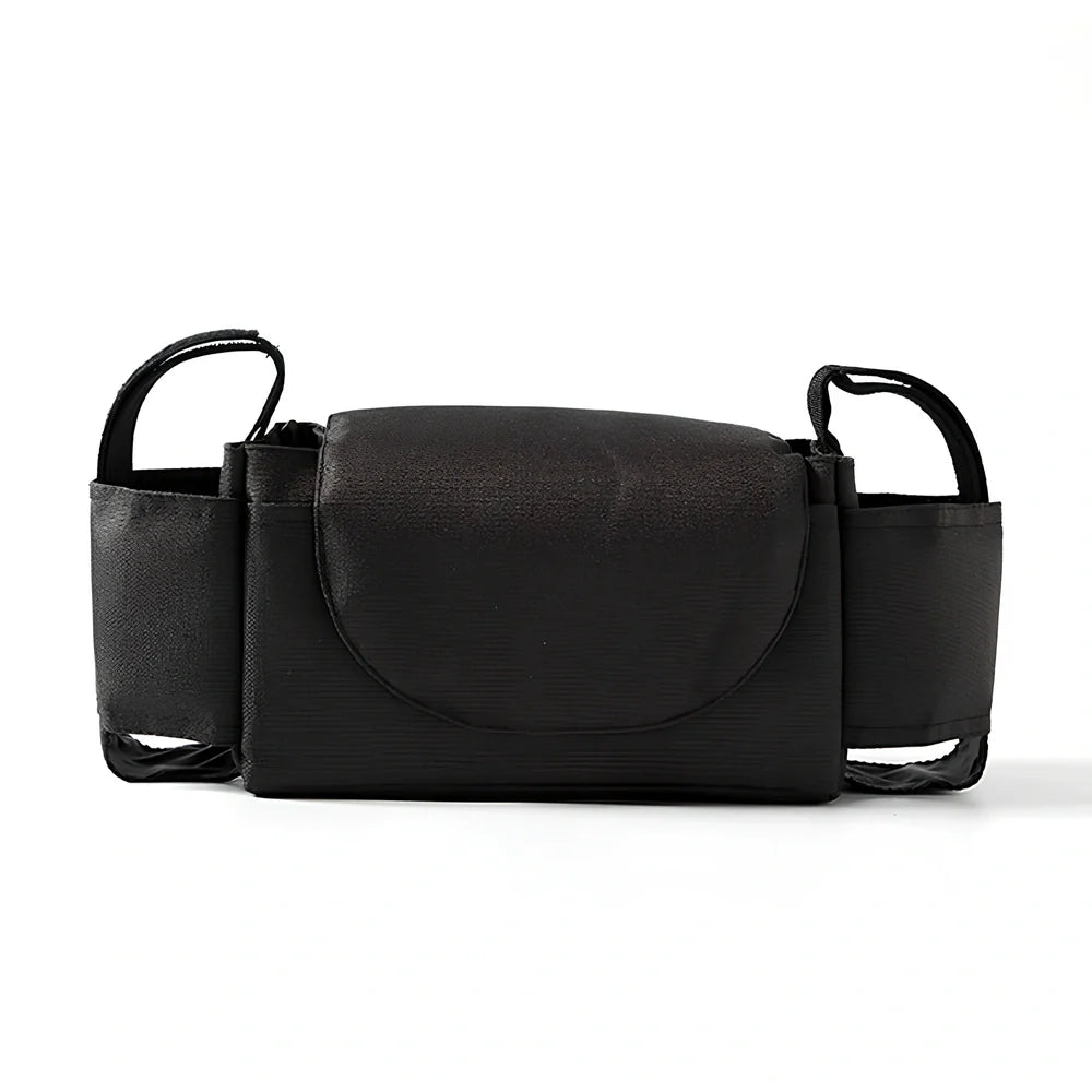 Baby stroller organiser with cup holder mounted on pram pole showing storage compartments