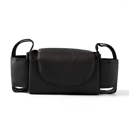 Baby stroller organiser with cup holder mounted on pram pole showing storage compartments