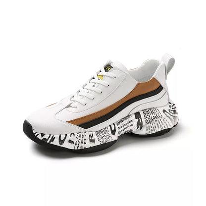 Men's black and white thick sole sneakers with inner heightening and breathable design