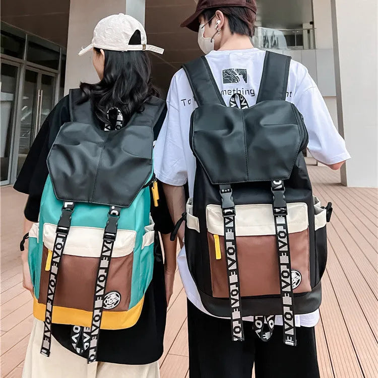 Oxford cloth backpack in black, green, or red with dimensions 32cm width, 46cm height, 17cm bottom thickness