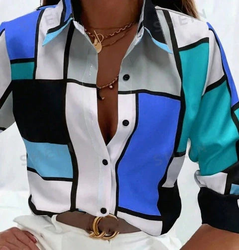 Women's Colorblock Printed Casual Single-Breasted Long Sleeve Shirt in various colors