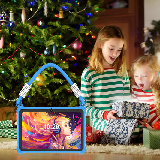 7-inch children's tablet silicone protective case in dark pink or sapphire blue with flat strap and screen protector