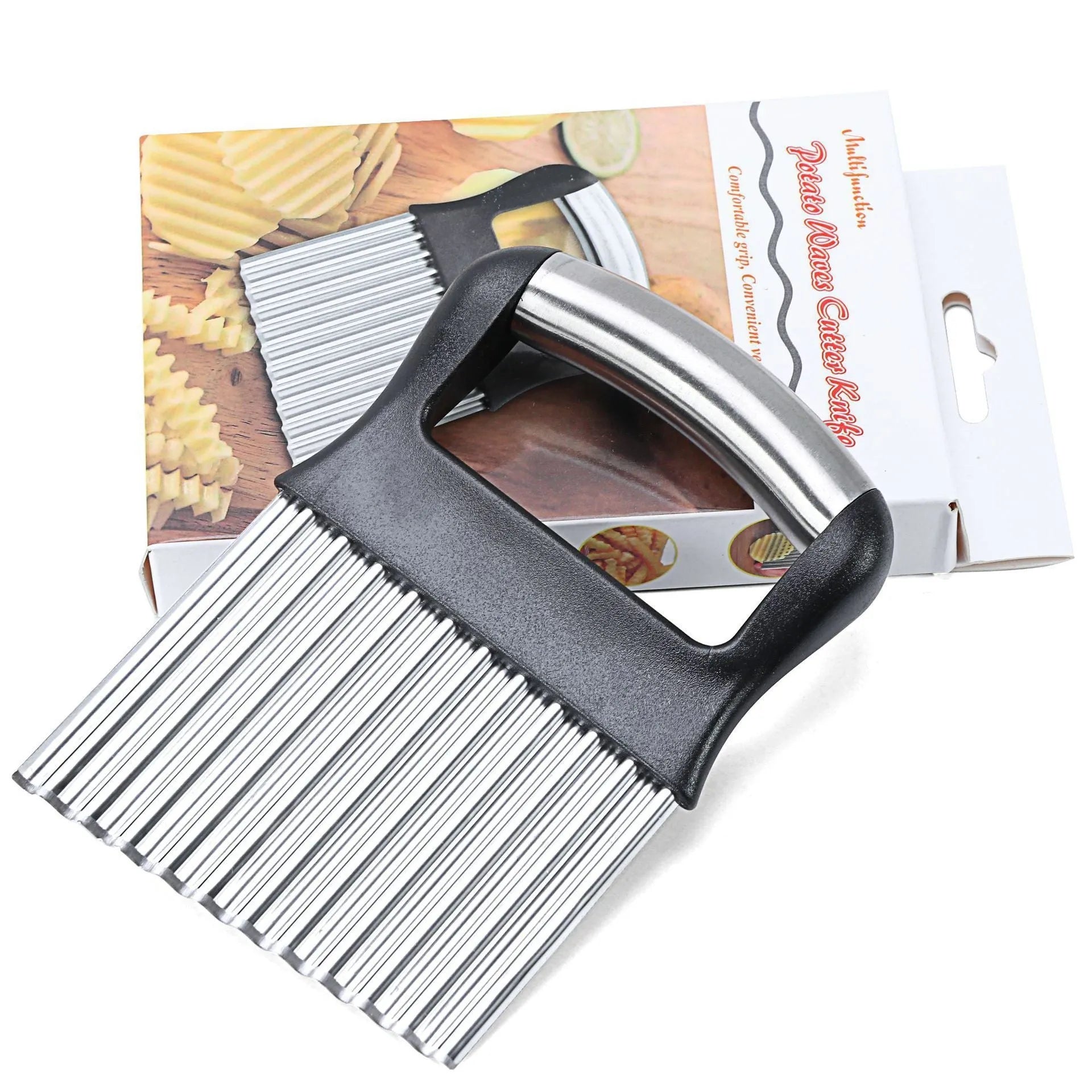 Stainless steel potato wave knife measuring 14x9cm with 8mm crinkle pattern for cutting uniform chips
