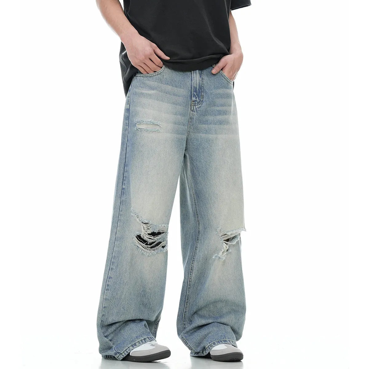 Blue straight-leg cotton-blend jeans with zipper fly closure showing five size options