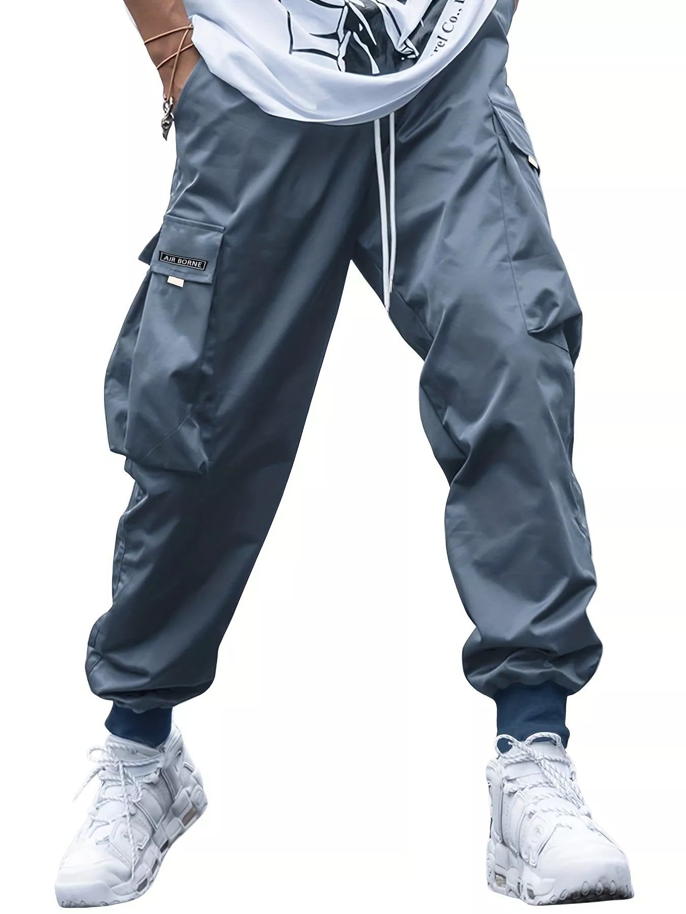 Men's oversized cargo pants in various colors with multiple pockets