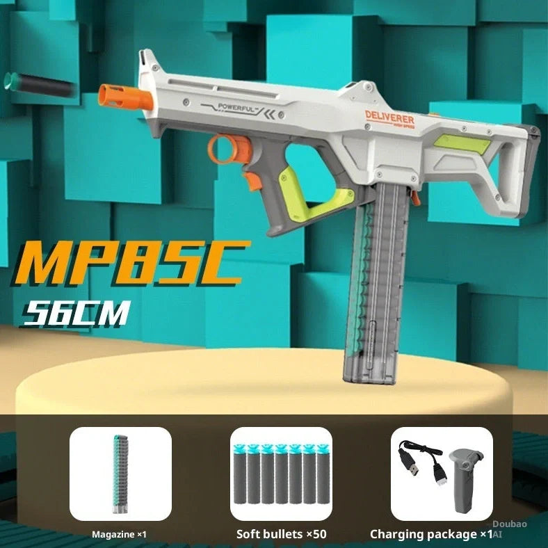 MP85C electric continuous hair soft bomb toy gun with 12-dart capacity and battery-powered firing mechanism