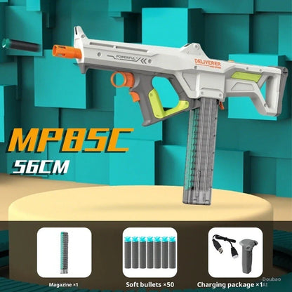 MP85C electric continuous hair soft bomb toy gun with 12-dart capacity and battery-powered firing mechanism
