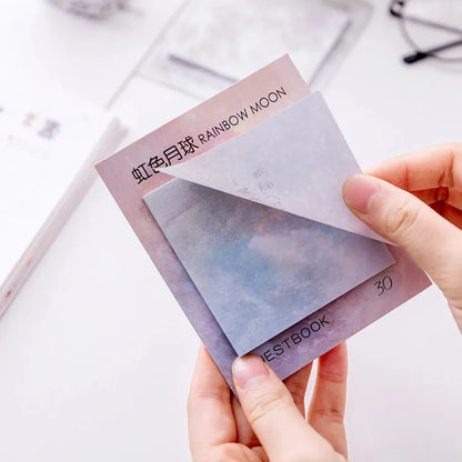 Square 7.3cm sticky notes with oil painting planet designs including Earth, Mars, Mercury, Pluto, and moon variations