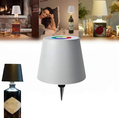 Wireless LED desk lamp with wine bottle design showing detachable components and touch control panel